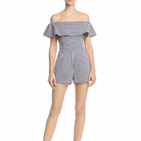 Aqua Striped Off the Shoulder Rompers XS - Picture 1 of 6